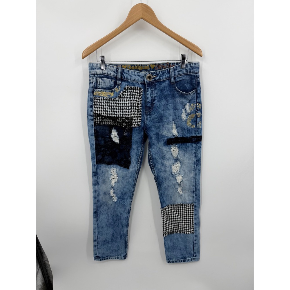 Desigual Patchwork Distressed Jeans Womens 30 Blue Houndstooth Lace Acid Wash
